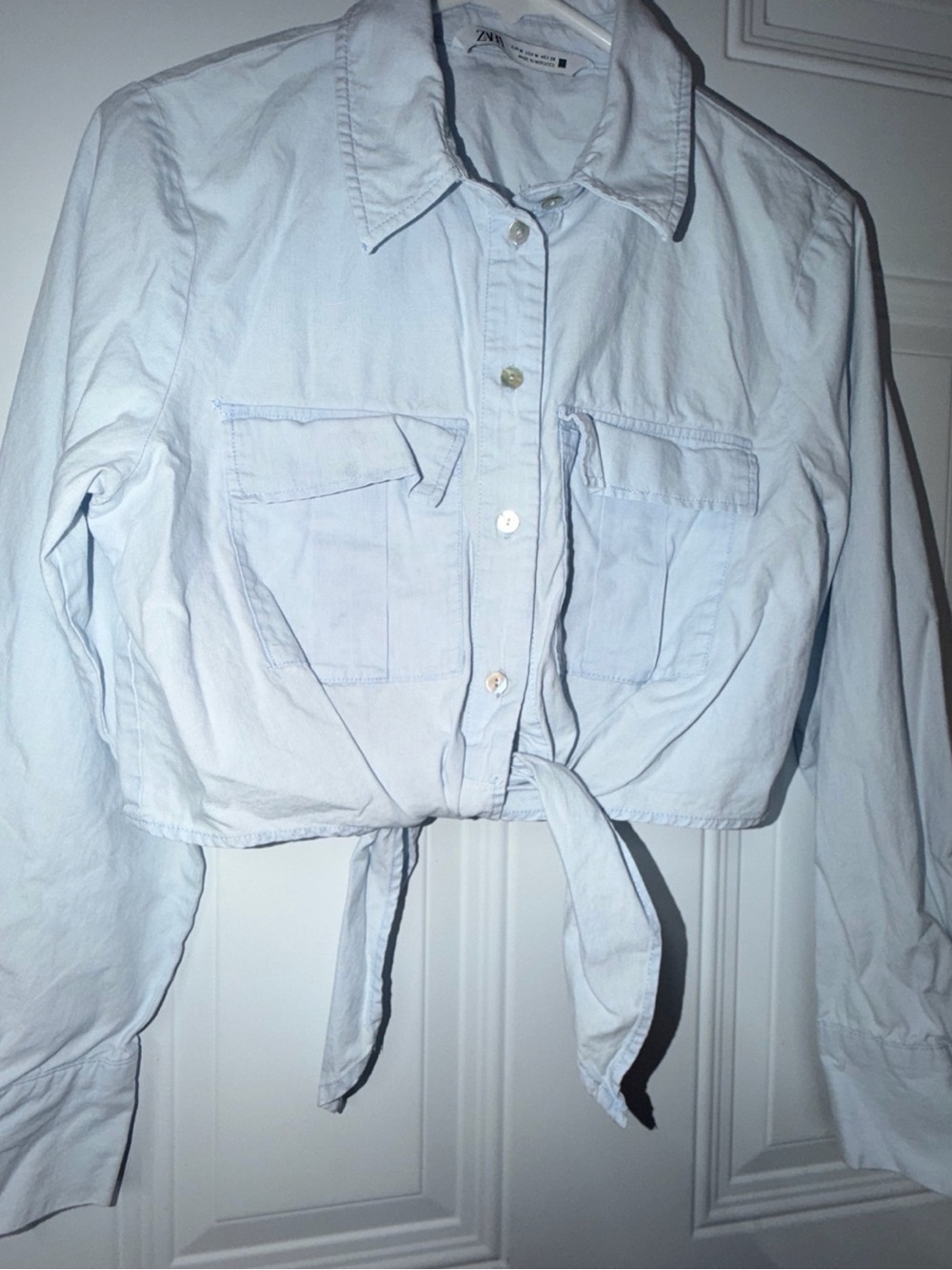 Zara Pale Blue Tie-Front Cropped Denim Shirt Jacket
